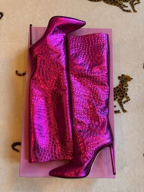 Paris Texas Metallic Fuchsia Croc-Embossed Stiletto Boot